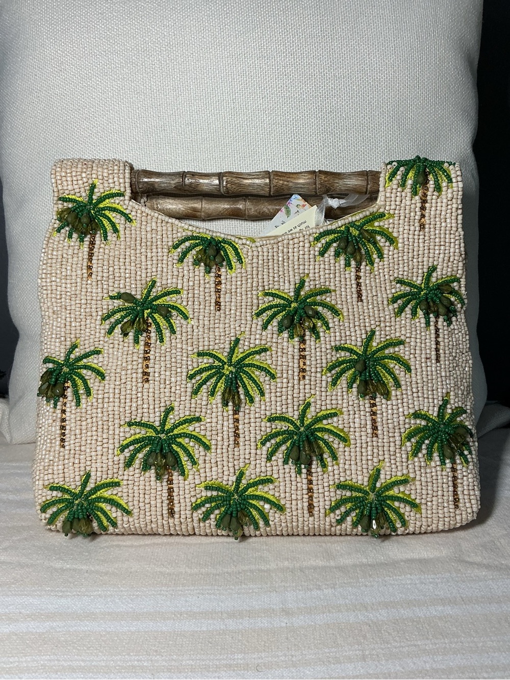 Beaded Palm Tree Tote Bag - Cream and Green